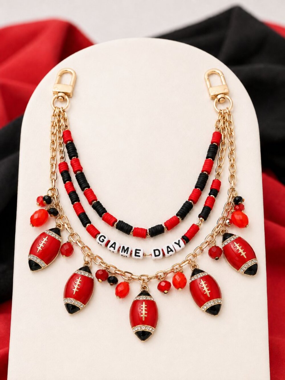 NEW UGA Football Charm GAMEDAY Red & Black Beaded Layered Bag Handbag Gold Chain